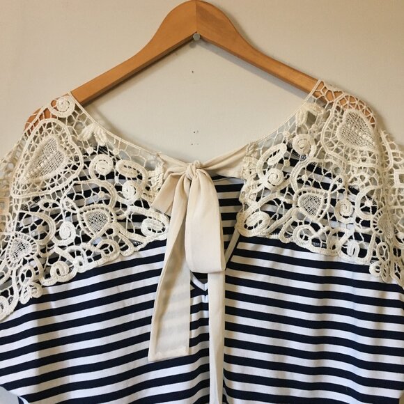 Whimsigoth Black & White Stripe and Crochet Lace Shoulder Tie Back Top - Picture 4 of 13